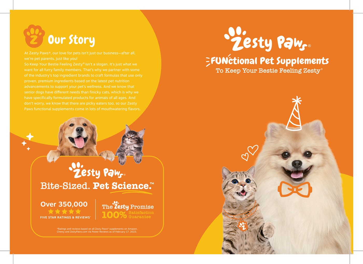 Brochure outside spread · Our Story + Bite-Sized Pet Science + 350K+ reviews